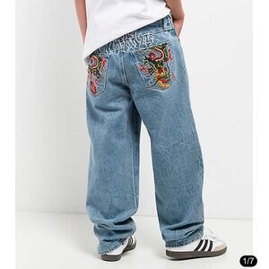 Ninth Hall Light Blue Embroidered Dragon Baggy Kids Jeans